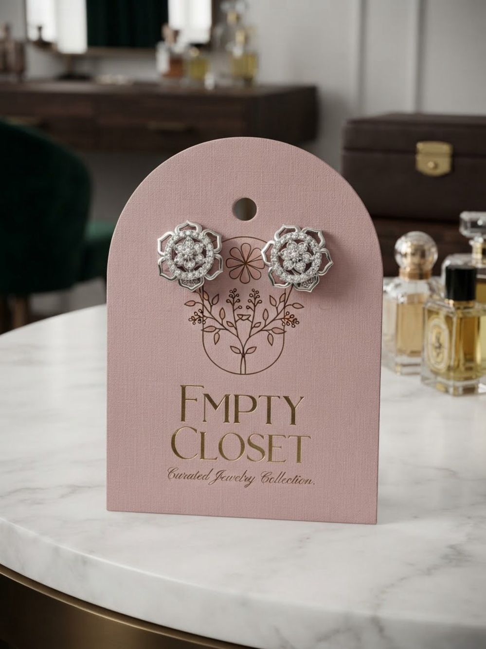Empty Closet Silver Floral Crystal Stud Earrings - Pink Card